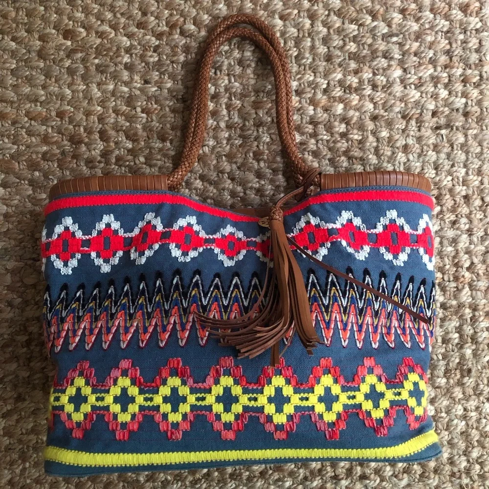 Tory Burch Taylor Aztec Linen Tote with Calf Leather.